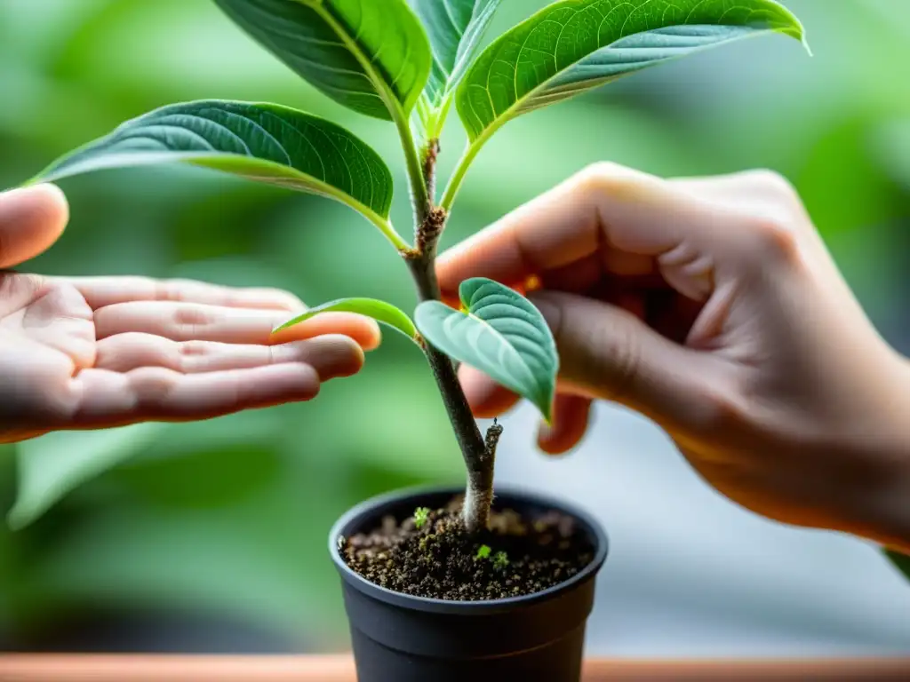 Manos expertas realizando injertos en plantas de interior, destacando la precisión y el cuidado en el proceso