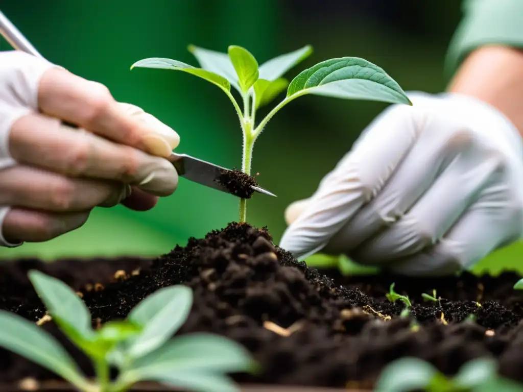 Las manos expertas de un jardinero realizan con precisión una técnica de injerto de plantas