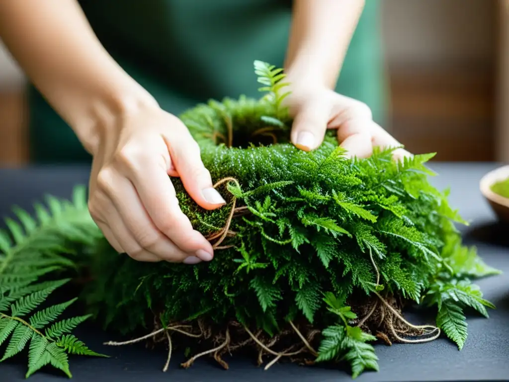 Unas manos expertas crean un kokedama con cuidado, envolviendo musgo verde alrededor de las raíces de una planta, en una delicada y detallada imagen