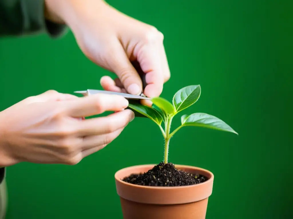 Experto en injertos: precisión verde en manos Manos expertas realizando un meticuloso injerto en una planta de interior