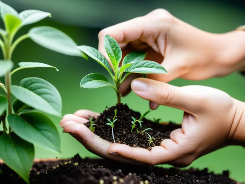 Manos expertas realizando un meticuloso injerto de planta de interior, resaltando la precisión y destreza