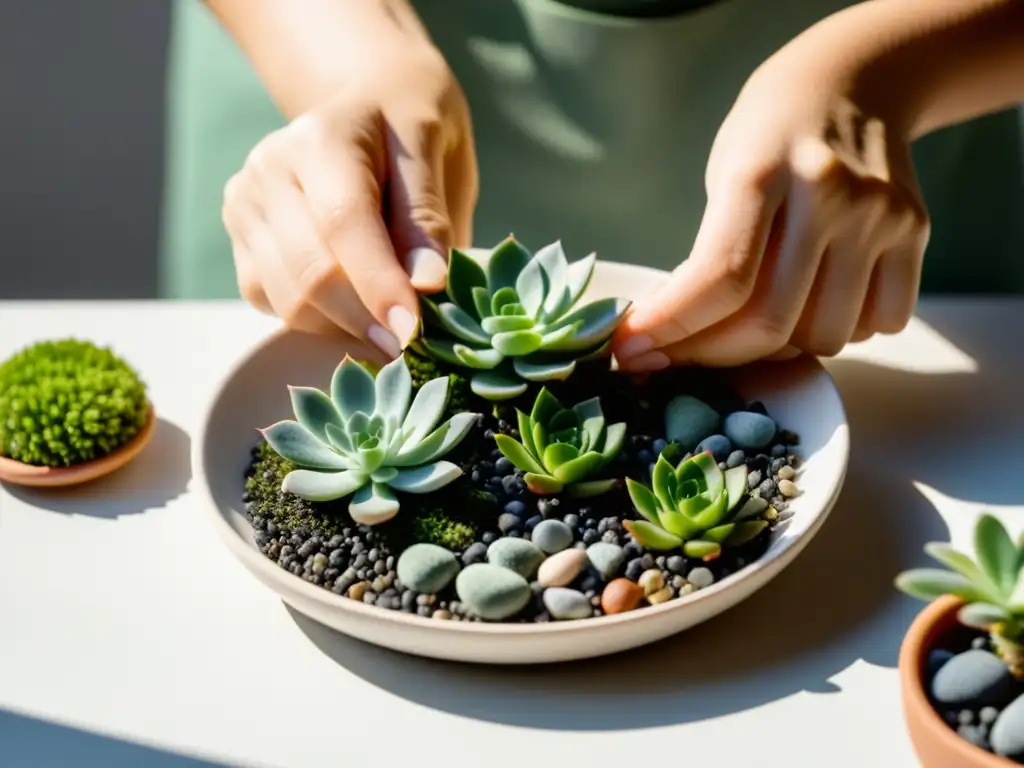 Manos expertas arreglan con precisión un jardín en miniatura en un plato de cerámica, irradiando serenidad