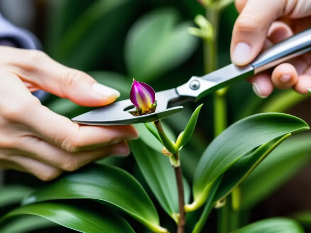 Manos expertas podando una orquídea con precisión y cuidado, mostrando cómo podar orquídeas para floración