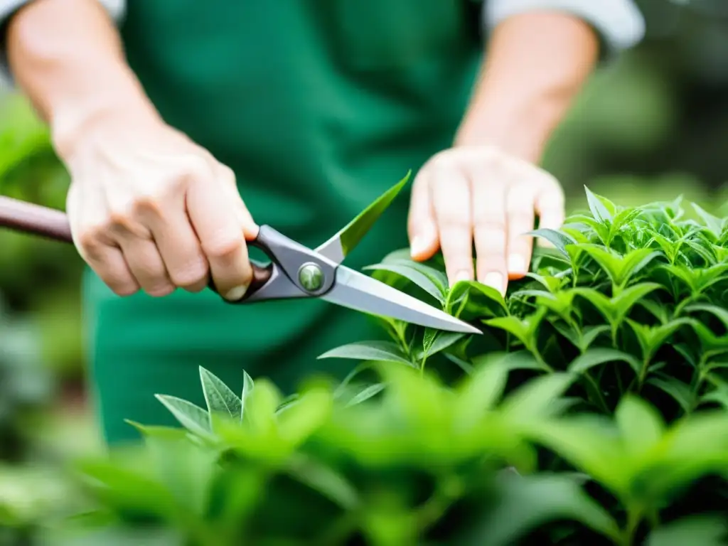 Manos expertas podando una planta con precisión y cuidado