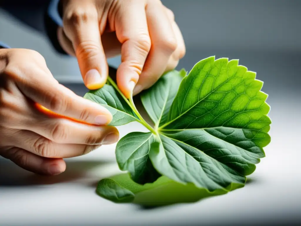 Manos expertas injertando una planta con precisión en un fondo blanco iluminado naturalmente