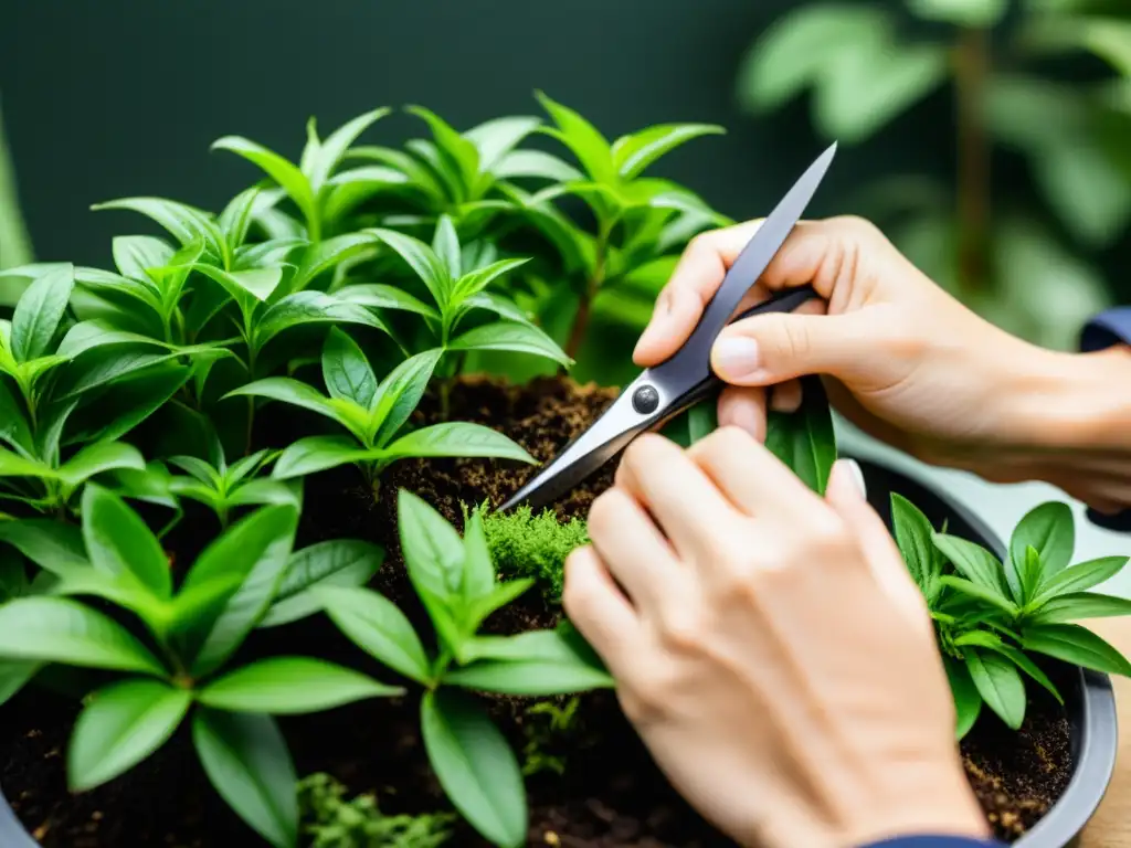 Manos expertas podando planta interior con precisión