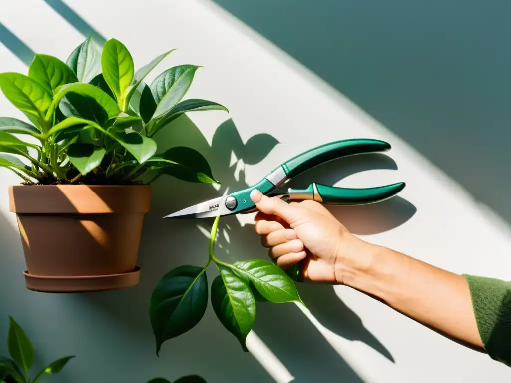 Manos expertas podando una planta de interior, mostrando cuidado y precisión