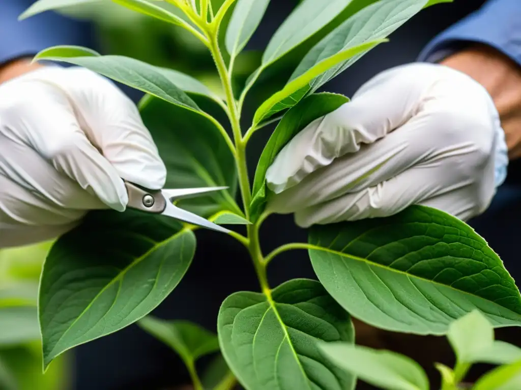 Manos expertas inspeccionando plantas con guantes y tijeras de podar