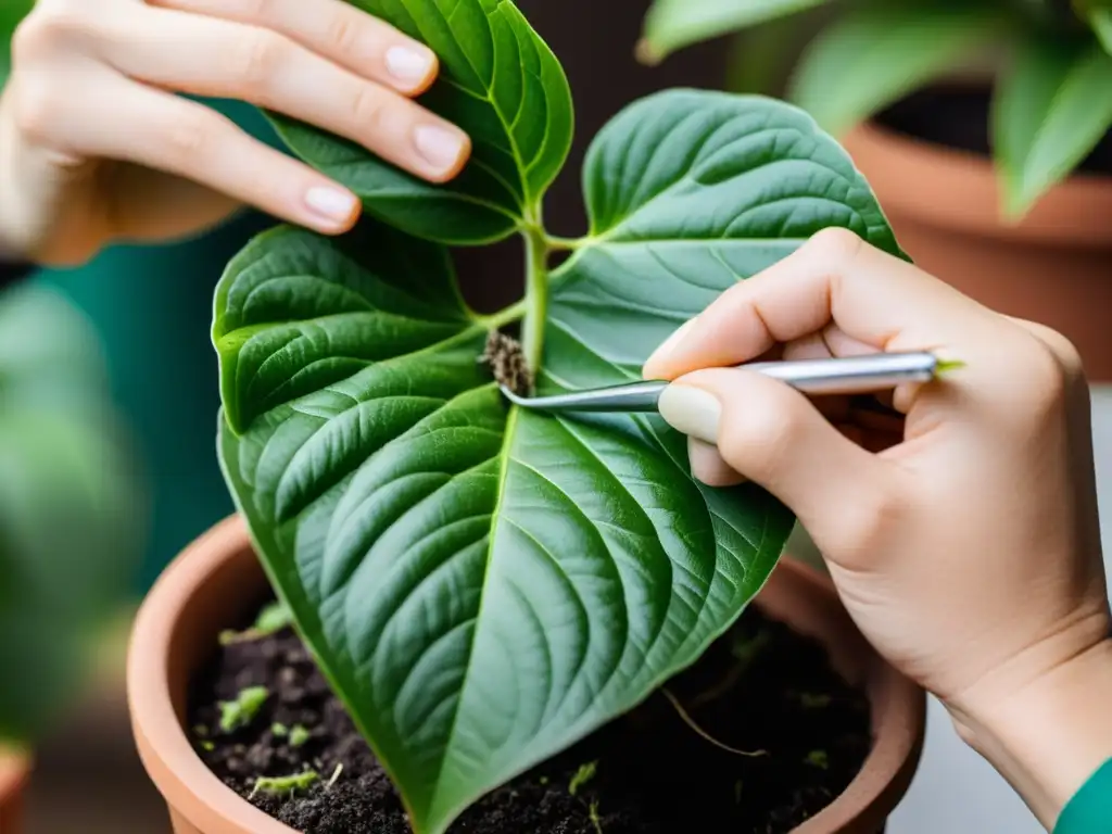 Manos expertas injertando plantas de interior con precisión y cuidado, mostrando habilidad en el cuidado de las plantas