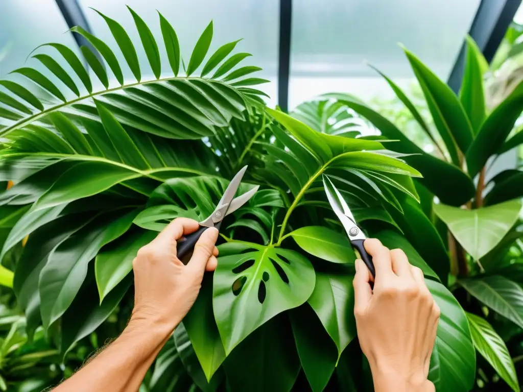 Unas manos expertas podan plantas tropicales de interior con precisión y cuidado, resaltando la armonía entre el toque humano y la belleza natural