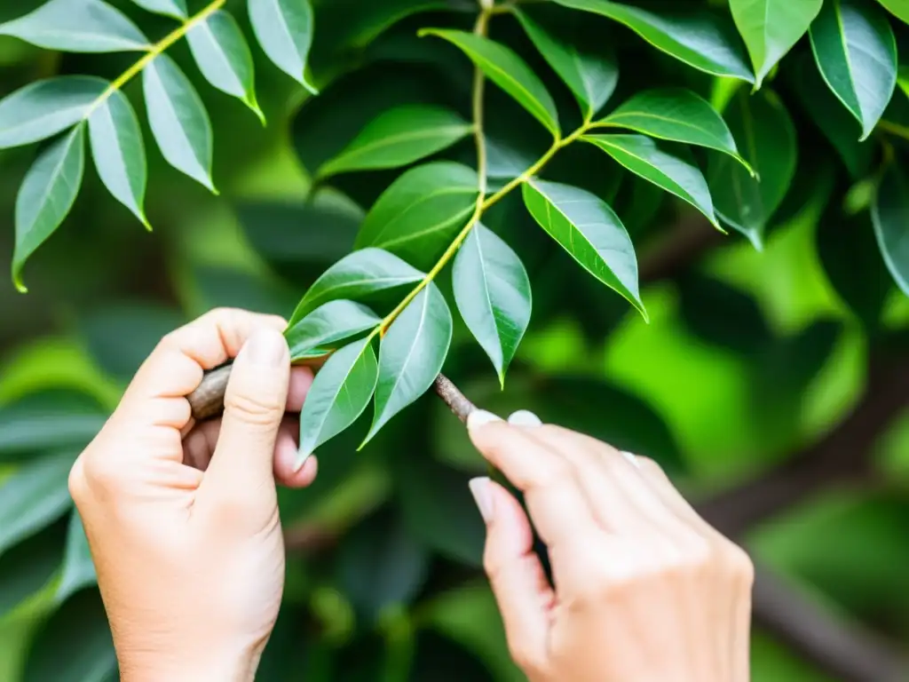 Manos expertas realizando la poda de un ficus para cuidado, mostrando precisión y calma