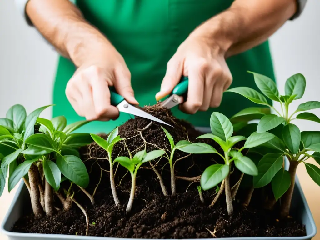 Manos expertas realizando la poda de raíces para plantas de interior, con precisión y cuidado, en un entorno minimalista y limpio