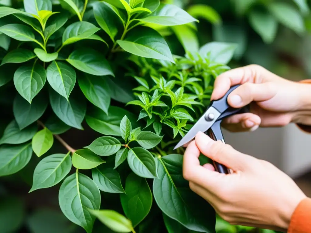 Manos expertas podando con precisión un exuberante y saludable planta de interior, evocando tranquilidad y conocimiento en jardinería de interiores