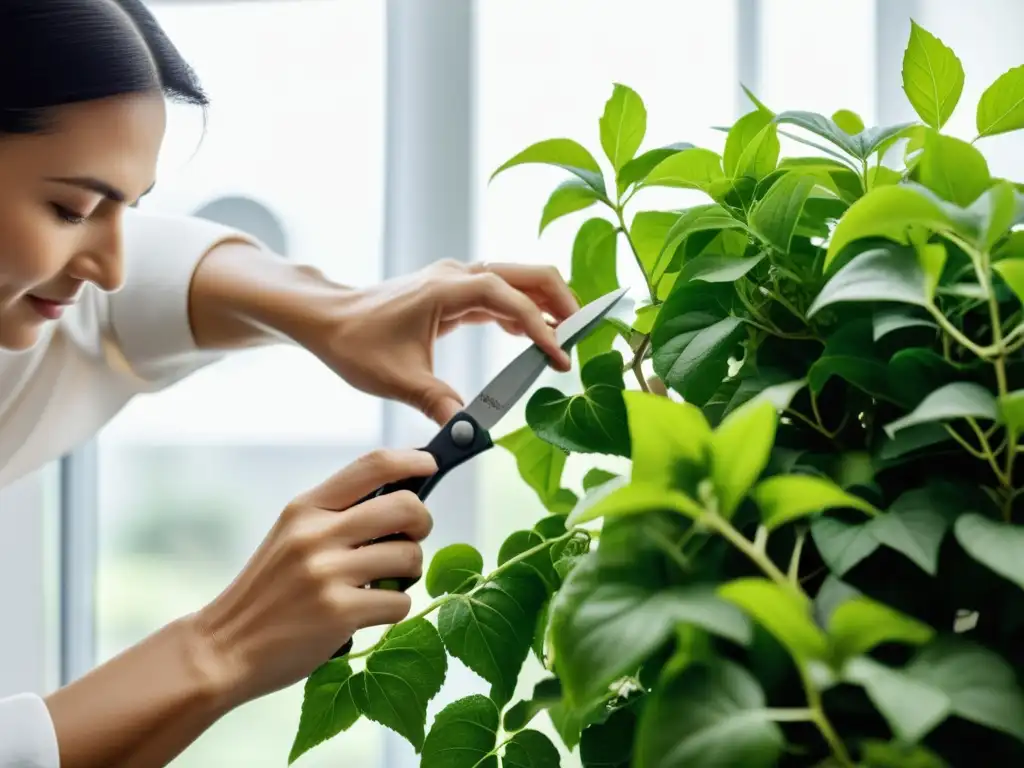 Manos expertas podando con precisión una exuberante planta trepadora en interiores, destacando el cuidado y la atención meticulosa