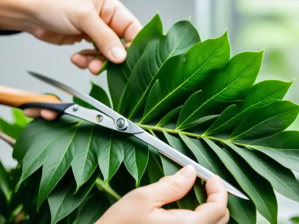 Manos expertas podando con precisión una exuberante planta de interior, destacando las técnicas avanzadas de poda de plantas