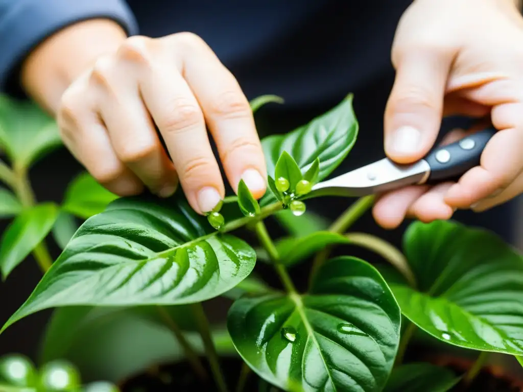 Manos expertas podando con precisión una planta de interior, transmitiendo cuidado y habilidad en la propagación de plantas de interior