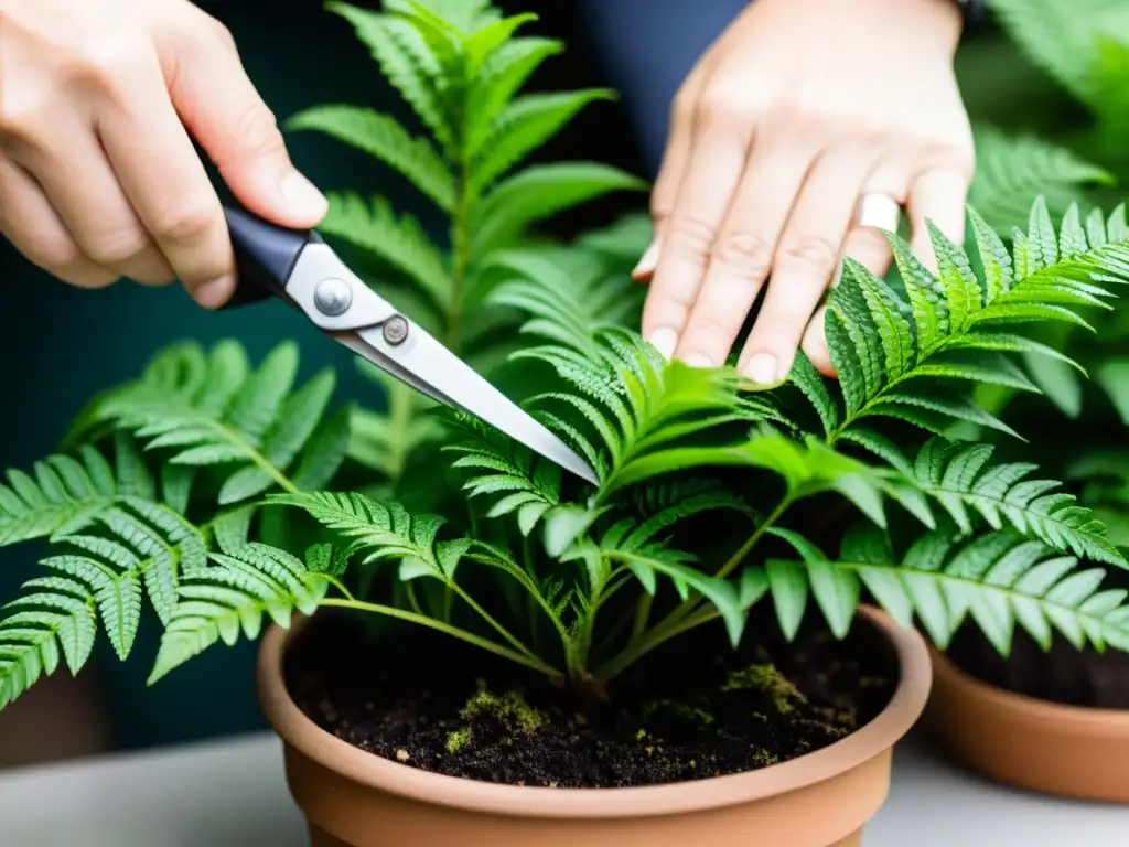 Manos expertas podando con precisión una planta frondosa en interiores