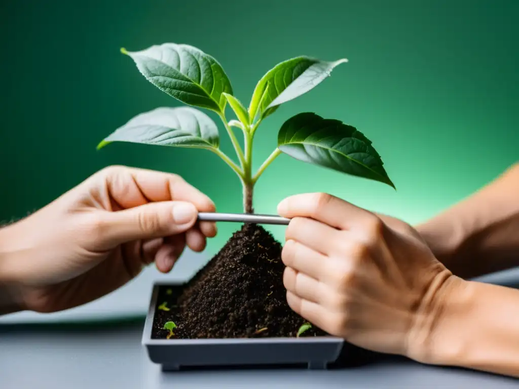 Manos expertas realizando una técnica moderna para propagar plantas con precisión en un ambiente interior iluminado naturalmente