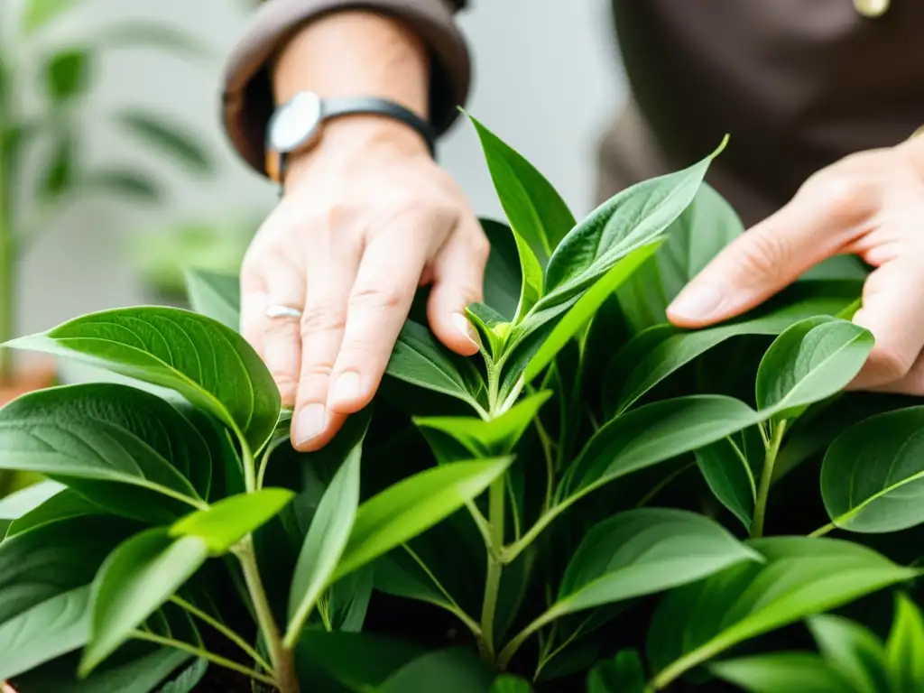 Manos expertas realizando técnicas avanzadas de poda en planta de interior, mostrando cuidado y precisión