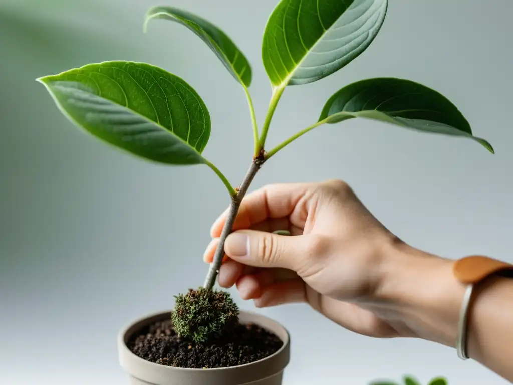 Manos expertas realizando técnicas de injerto en plantas de interior, con delicadeza y precisión, sobre un fondo blanco