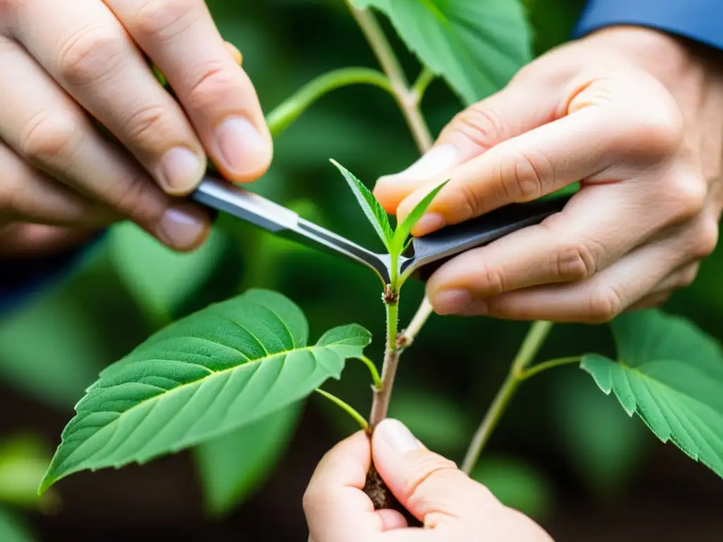 Manos expertas realizando técnicas de injertos de plantas con precisión y delicadeza, mostrando la naturaleza intrincada del proceso