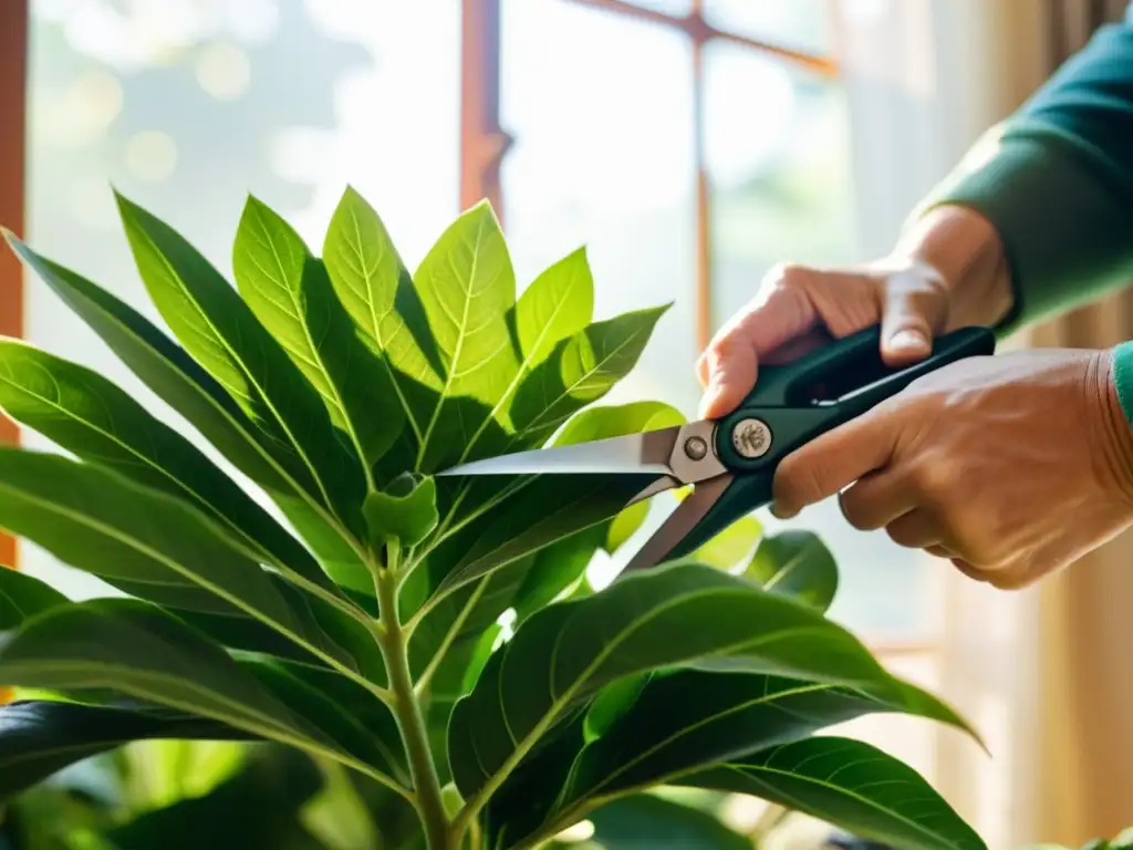 Unas manos cuidadosamente podan una exuberante planta de interior, destacando la importancia de la poda en plantas de interior