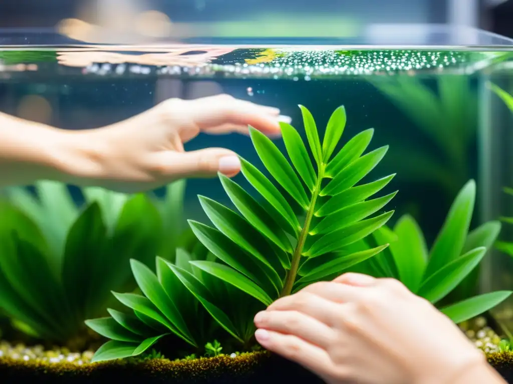 Manos podando frondas de planta acuática en pecera, con detalle y serenidad