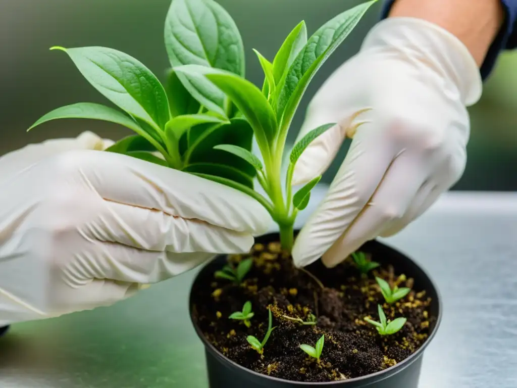 Manos con guantes blancos cortando brote verde de planta