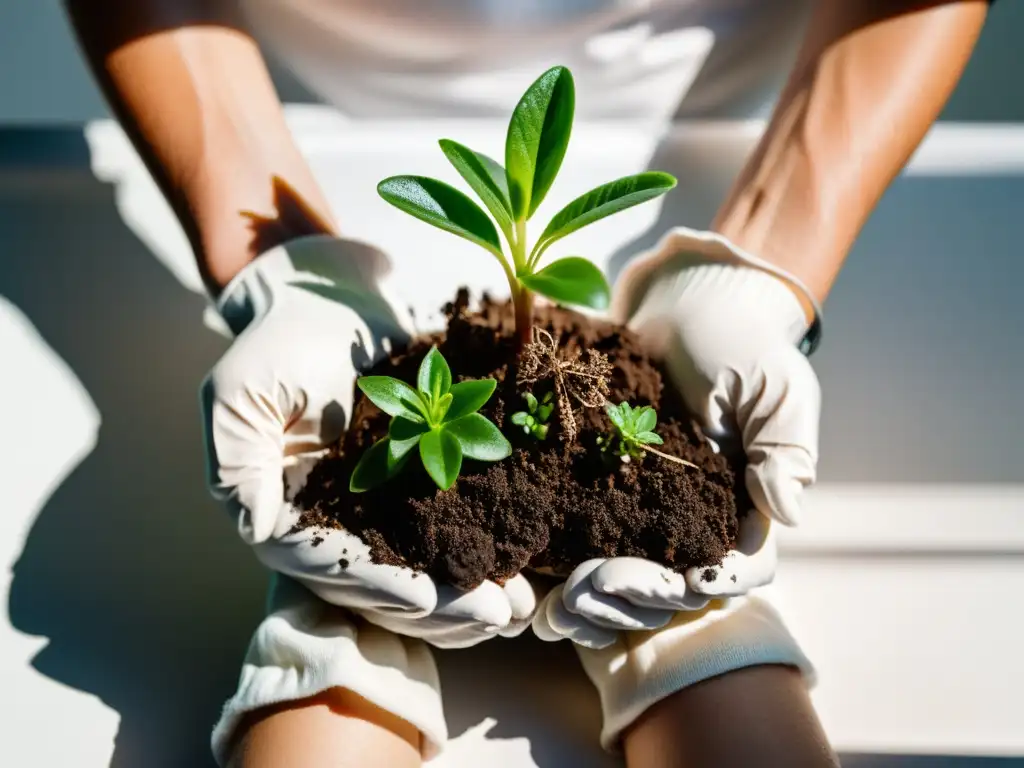 Manos con guantes separan con cuidado una planta de interior, mostrando sus raíces y suelo