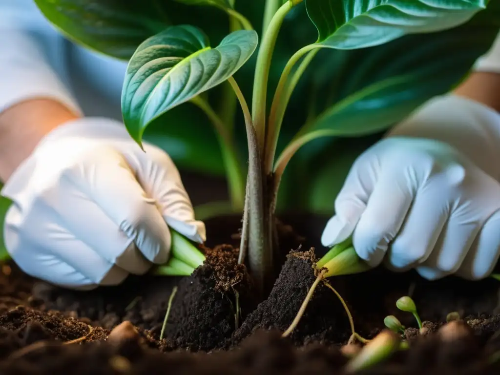 Propagación cuidadosa de Anthurium: manos separando raíces Manos con guantes separan con cuidado las raíces de una Anthurium para propagarla en casa