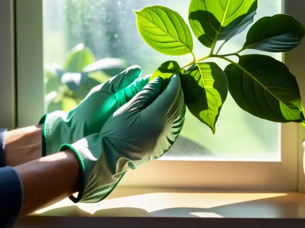 Manos con guantes podando hojas de planta de interior