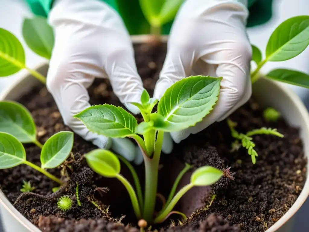 Manos con guantes dividen cuidadosamente una planta carnívora en secciones