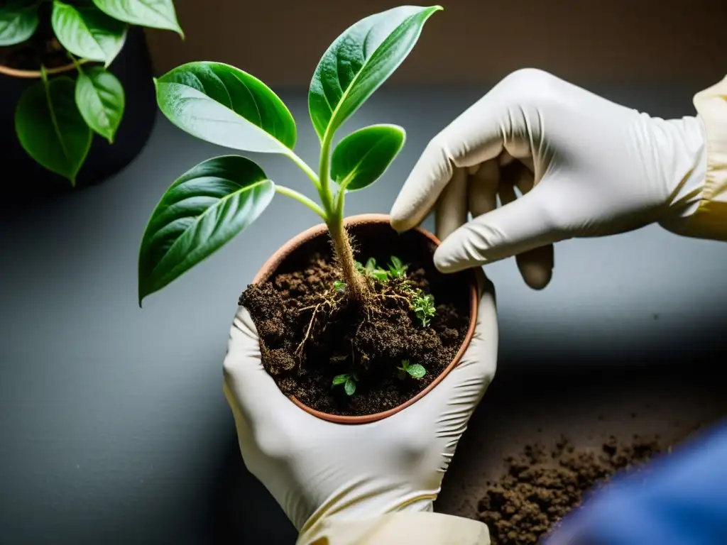 Manos con guantes cuidadosamente trasplantando planta de interior, mostrando detalle y precisión en cuidados post trasplante plantas interior