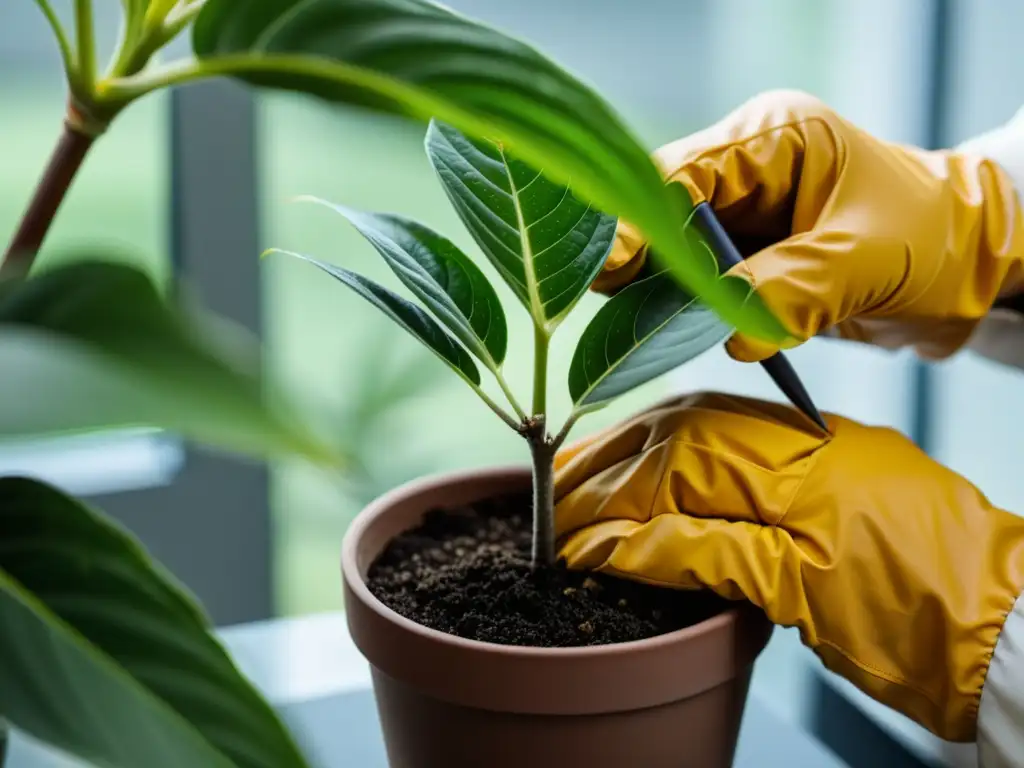 Unas manos con guantes injertan con precisión una planta en maceta