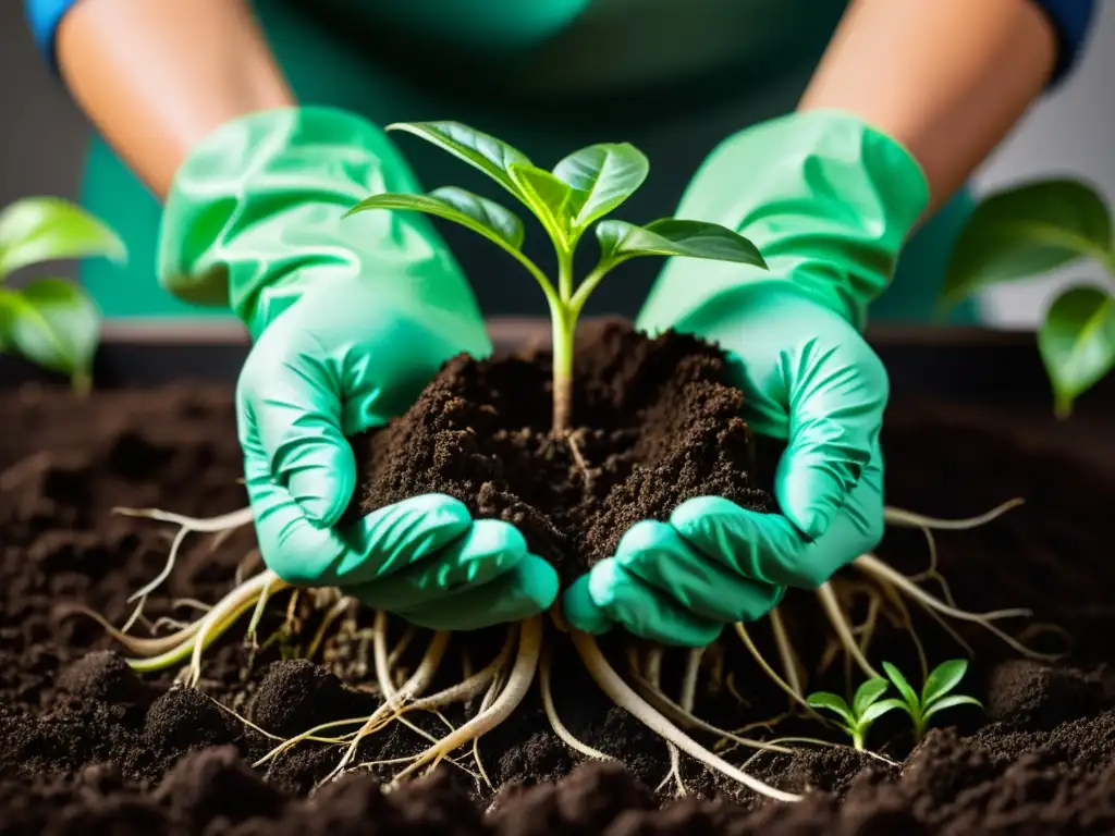 Manos con guantes separan cuidadosamente las raíces de una planta de interior mientras se muestra su red intricada