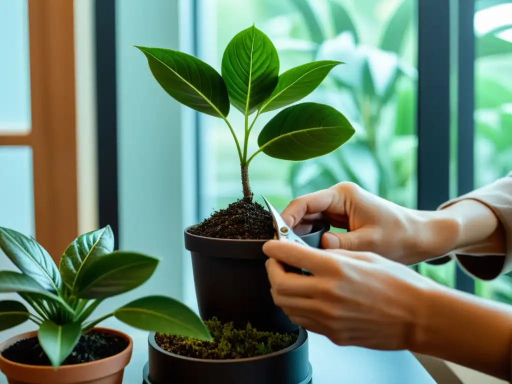 Manos hábiles podando una planta de interior en un entorno moderno y minimalista, mostrando cuidado y precisión en la poda de plantas de interior