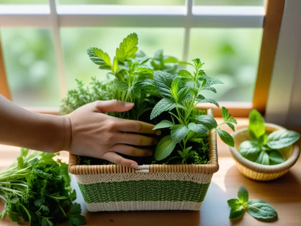 Manos recogiendo hierbas frescas en un jardín interior, cultivar té de hierbas en interiores