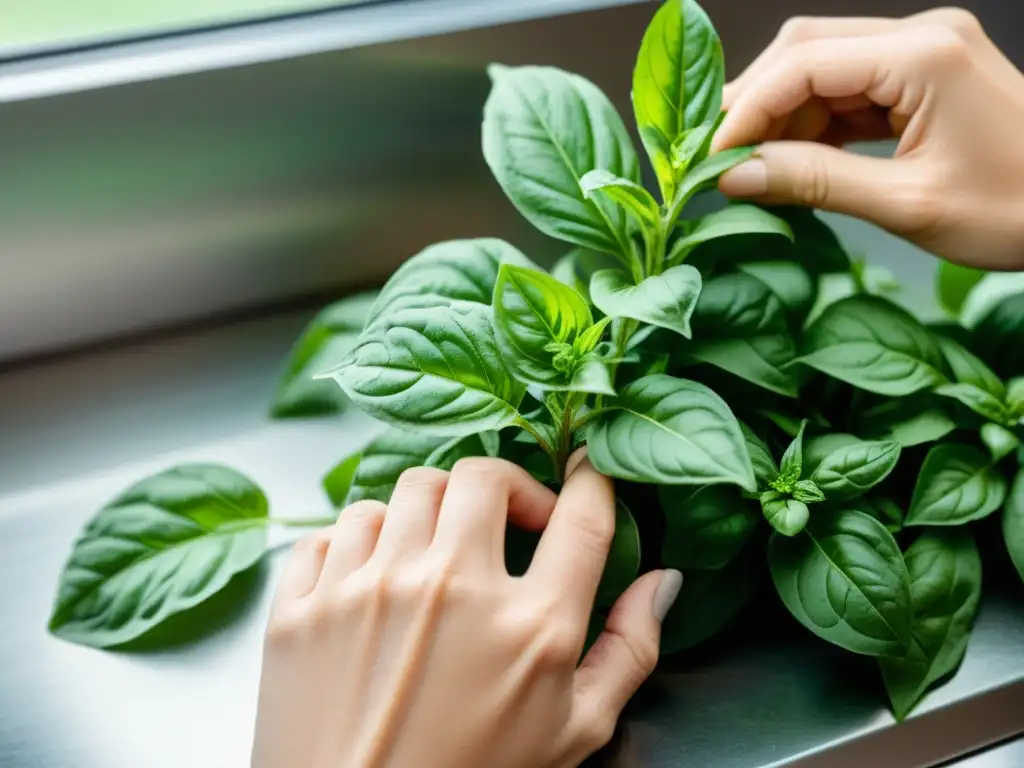 Manos podando hojas de albahaca en un entorno interior moderno, con luz natural suave