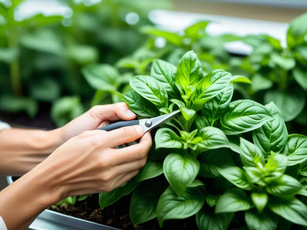 Manos podando cuidadosamente hojas de albahaca en un jardín interior