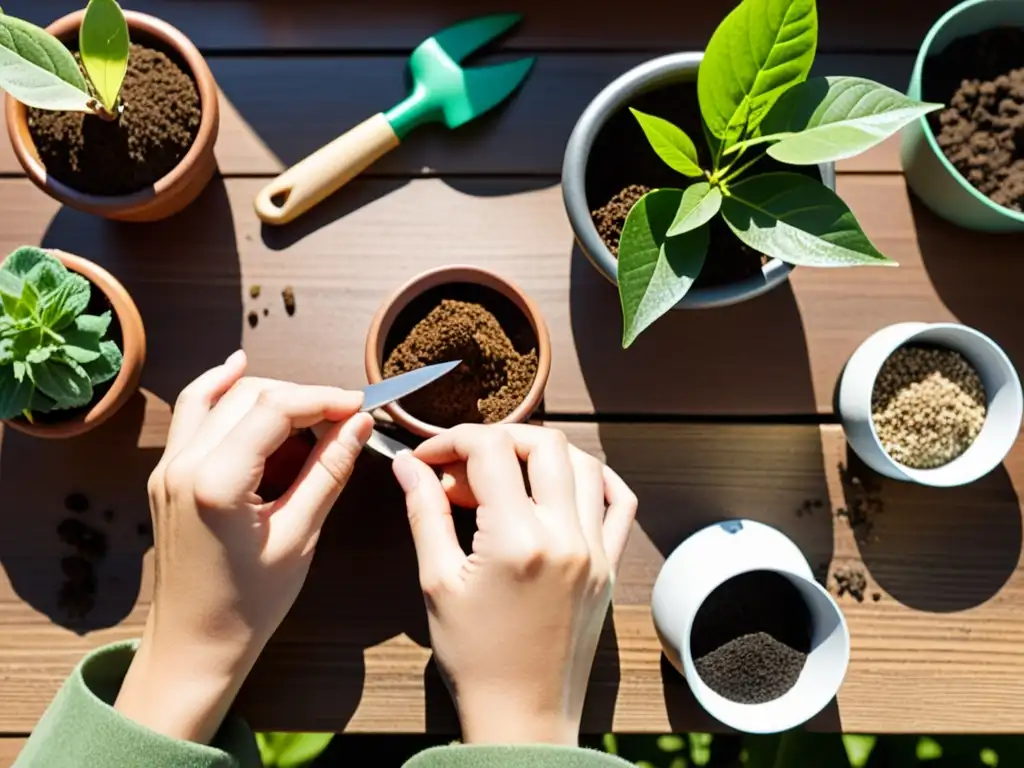 Manos reutilizando hojas caídas para propagar plantas en macetas, rodeadas de herramientas de jardinería, bajo la cálida luz del sol