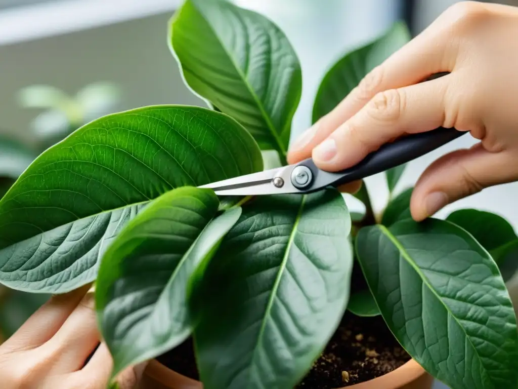 Manos recortando cuidadosamente las hojas de una exuberante planta de interior, en el mejor momento para poda plantas interior