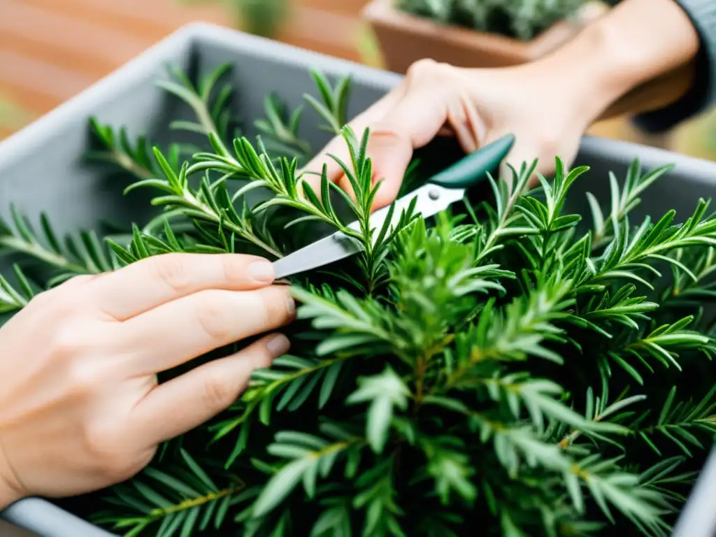 Unas manos cuidadosamente podando las hojas de romero en maceta en un elegante y detallado proceso de poda de plantas aromáticas en interiores