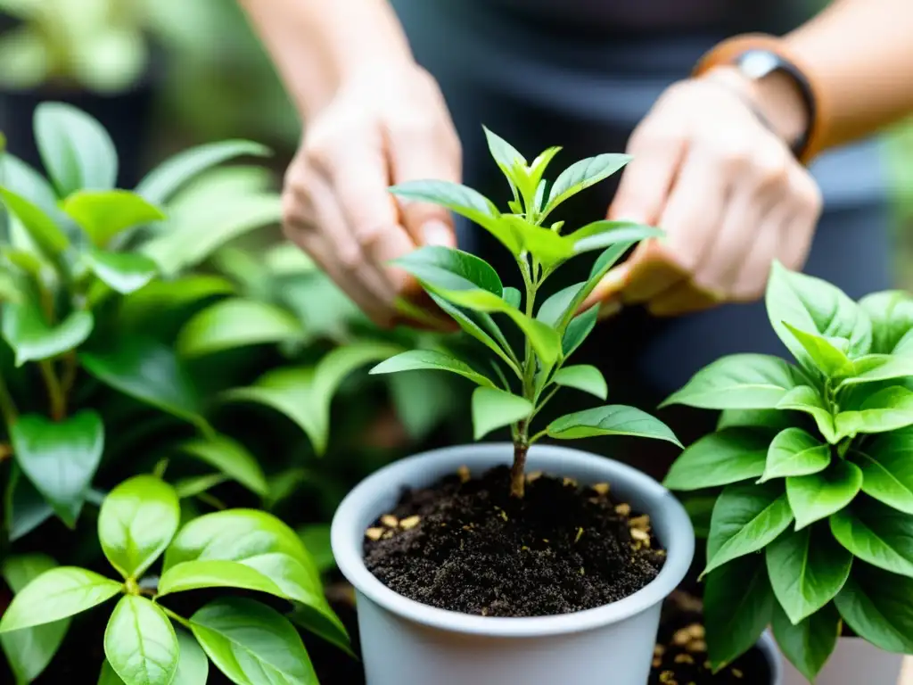 Manos cuidadosamente podando hojas de una planta de interior, con nuevo crecimiento verde