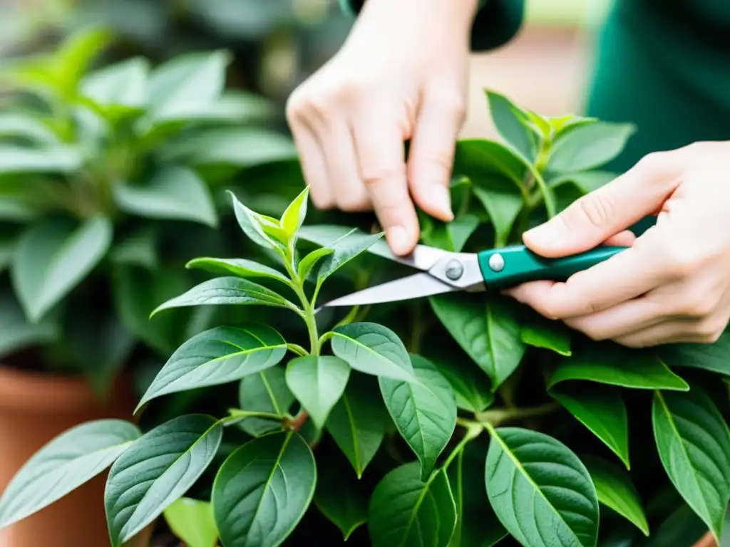 Manos cuidadosamente podando las hojas de una planta de interior verde vibrante