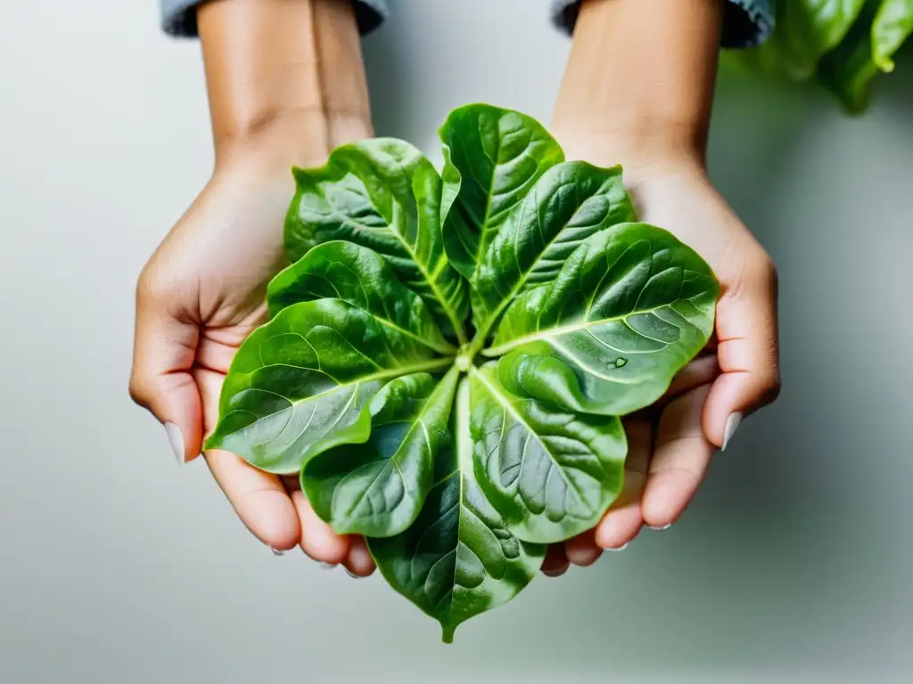 Manos sostienen hojas de lechuga verde brillante con gotas de agua