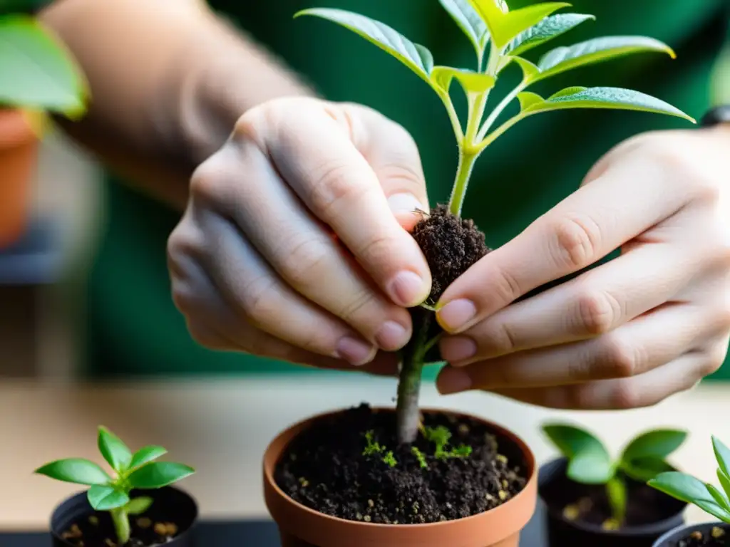 Manos realizando injertos en plantas de interior, mostrando precisión y destreza en el proceso de cultivo