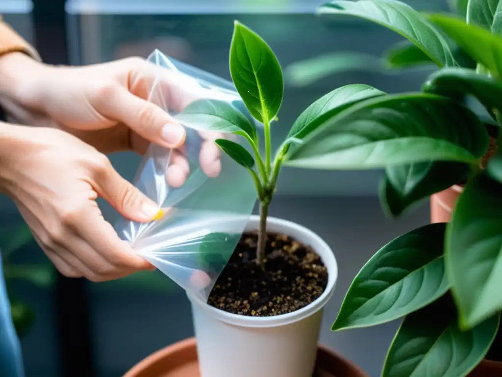 Manos envuelven cuidadosamente una planta con film transparente para aislar plantas enfermas correctamente