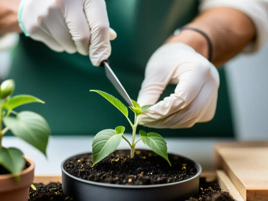 Manos preparando una planta para injerto con precisión