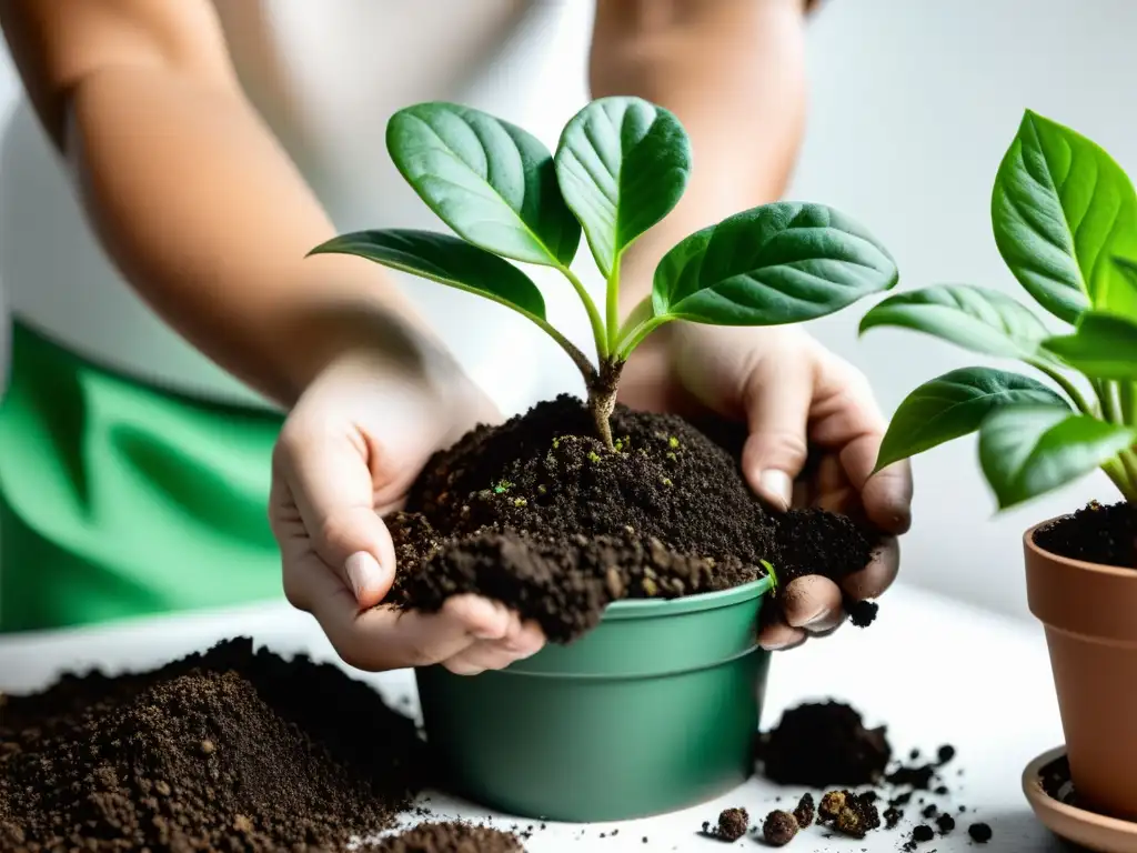 Manos repotando planta de interior, reemplazar suelo con cuidado