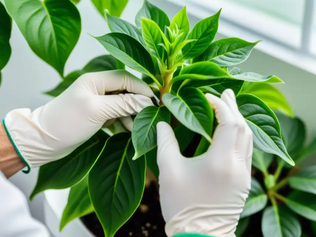 Manos injertando plantas de interior cuidadosamente, destacando la precisión y expertise del proceso